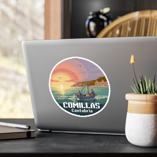 Comillas Spain Sticker: Fishermen Boat Sunset Pixel Art