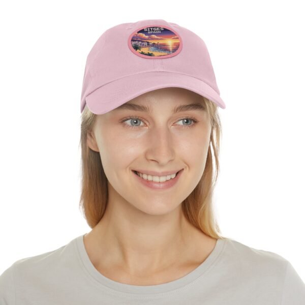 Sitges Spain Hat - Pixel Art Sunset Dad Cap with Leather Patch, Coastal Mediterranean Travel Souvenir