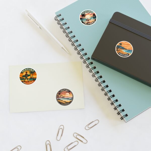 Ventura California Sticker Pack - Set of 4 Retro Coastal Travel Decals, Vintage Surf & Sunset Souvenir Stickers