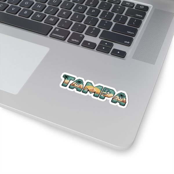 Tampa Pixel Art Sticker - Retro Gaming Coastal Design with Dolphins, Palm Trees, Sunset and Skyline - Florida Souvenir Decal