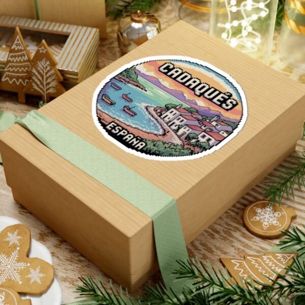 Cadaqués Spain Pixel Art Round Sticker - Retro Coastal Design, Mediterranean Village & Boats, Cute Travel Souvenir for Laptops and Journals