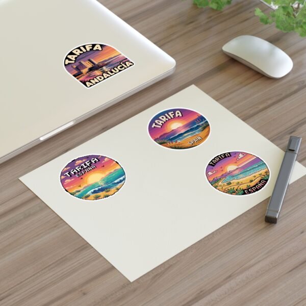 Tarifa España Sticker Pack - Retro & Pixel Art Travel Badge Set of 4, Sunset Beach Coastal Stickers, Andalusia Spain Souvenir