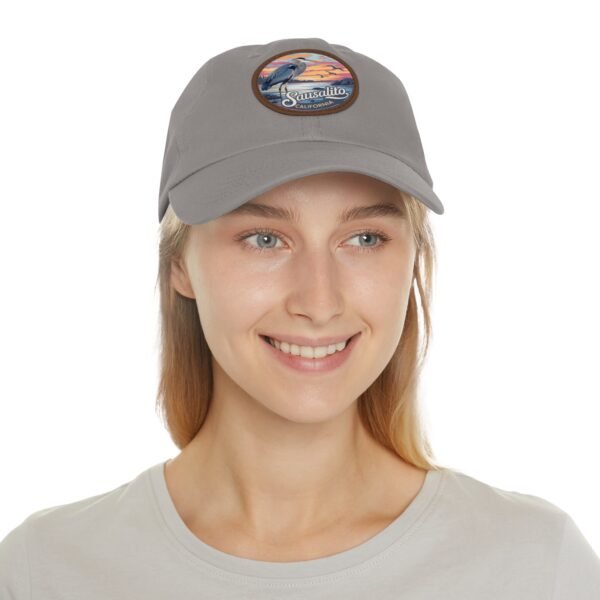 Sausalito California Hat - Leather Patch Cap with Heron & Coastal Sunset, Retro Bay Area Souvenir, Unique Travel Gift Dad Hat