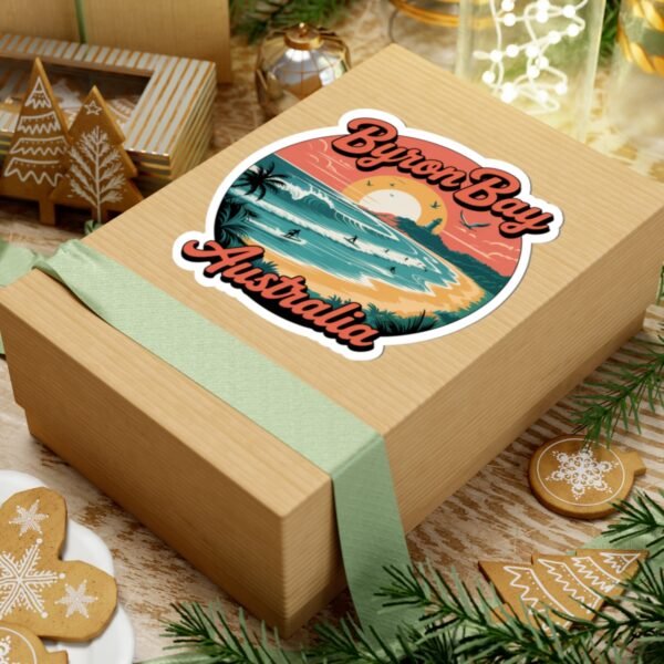 Byron Bay Australia Sticker - Retro Surf Travel Design with Sunset, Lighthouse & Palm Trees - Vintage Coastal Beach Souvenir