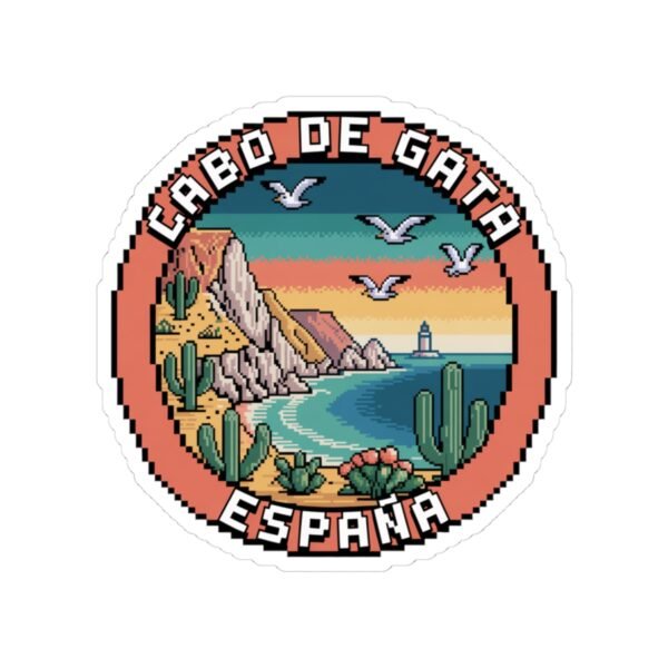 Cabo de Gata Spain Sticker - Retro Pixel Art Travel Badge with Cliffs, Lighthouse & Cactus - Vintage Mediterranean Souvenir Decal