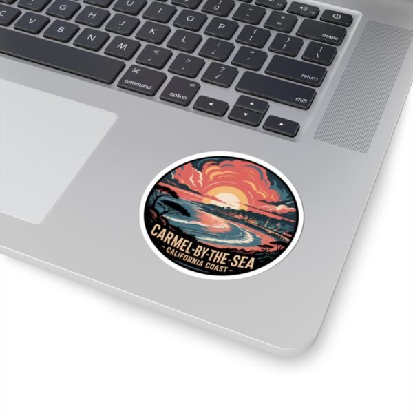 14996706455463554980_1200.jpeg Carmel-by-the-Sea California Sticker - Retro Sunset Coastal Art, Vintage Round Ocean View with Cottages & Cypress Trees, Travel Souvenir