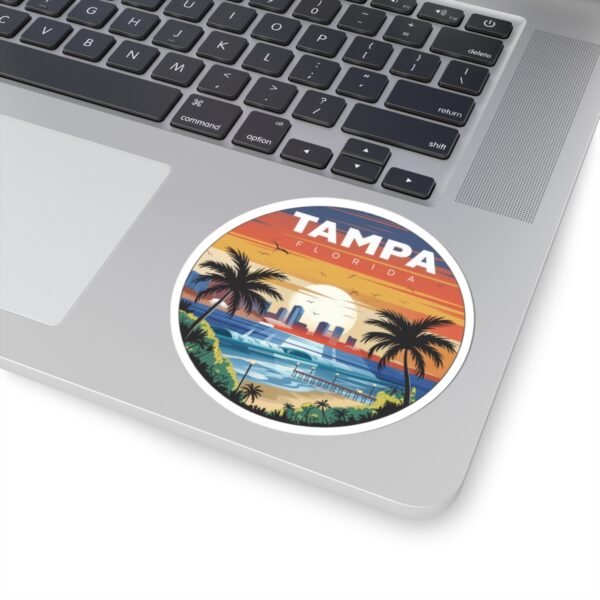 15058853698912957597_1200.jpeg Tampa Florida Sticker - Retro Coastal Sunset with Palm Trees, City Skyline, Ocean Waves & Pier | Vintage Travel Beach Art