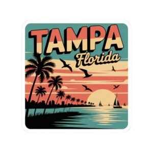 Tampa Florida Sticker - Retro Palm Trees Skyline and Sunset Beach Design - Vintage Coastal Travel Souvenir Vinyl Decal