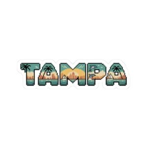 Tampa Pixel Art Sticker - Retro Gaming Coastal Design with Dolphins, Palm Trees, Sunset and Skyline - Florida Souvenir Decal
