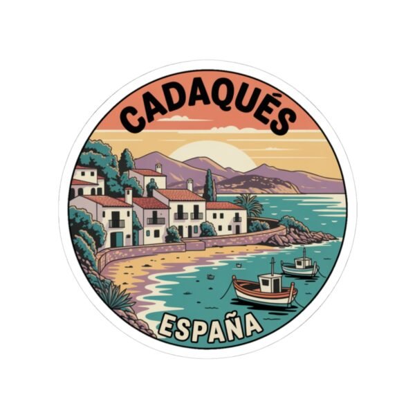 Cadaqués España Sticker - Retro Coastal Travel Art with Boats, Sunset and Mediterranean Village - Vintage Style Spanish Souvenir