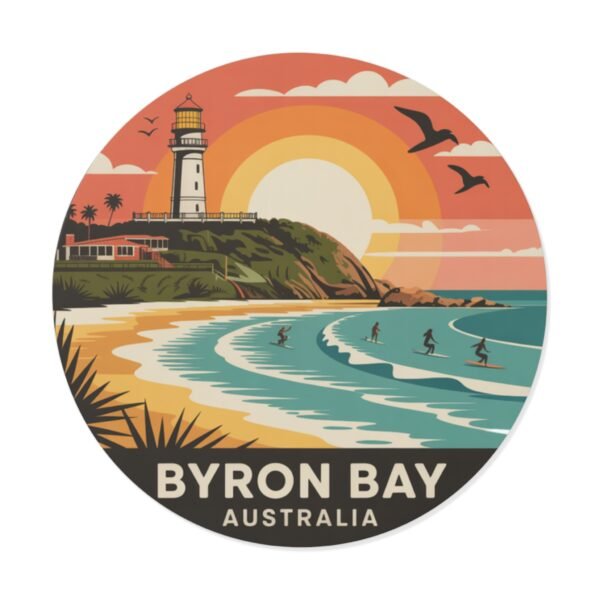 Byron Bay Australia Round Vinyl Sticker - Retro Beach Sunset Design, Coastal Souvenir, Waterproof Surf & Travel Decal
