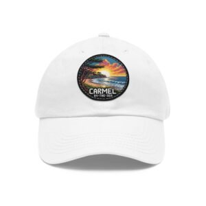 Carmel by the Sea Hat - Pixel Art Sunset Leather Patch Cap, California Coastal Retro Style, Unique Travel Souvenir Gift