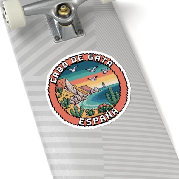 Cabo de Gata Spain Sticker - Retro Pixel Art Travel Badge with Cliffs, Lighthouse & Cactus - Vintage Mediterranean Souvenir Decal