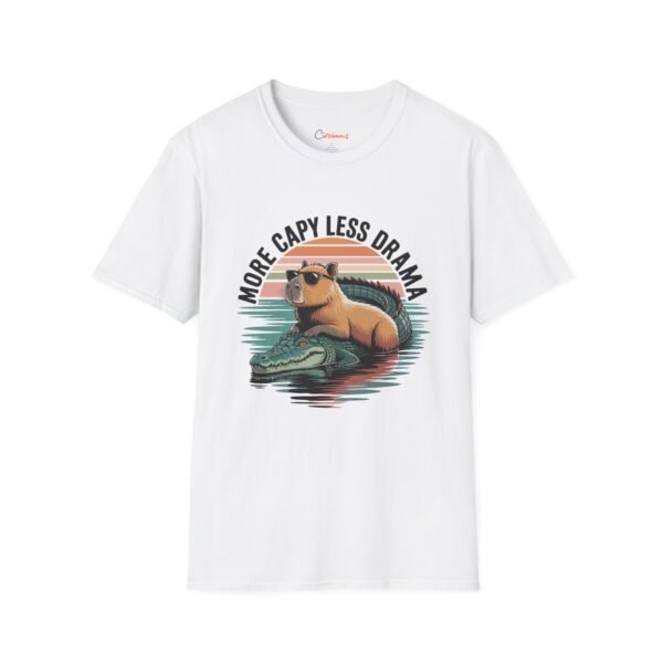 Capybara T-Shirt - More Capy Less Drama Funny Animal Tee - Chill Capybara Riding Crocodile Retro Sunset Graphic Shirt