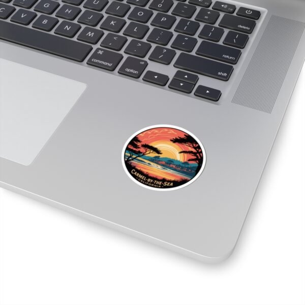 Carmel-by-the-Sea California Sunset Sticker - Vintage Coastal Round Design with Cypress Trees, Ocean Waves & Village Skyline