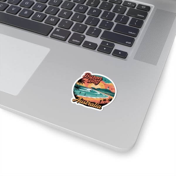 Byron Bay Australia Sticker - Retro Coastal Surf Design with Sunset, Lighthouse, Palm Trees & Surfers - Vintage Travel Souvenir Art
