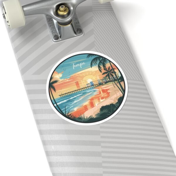 Tampa Florida Sticker - Retro Sunset Beach Design with Palm Trees, Pier and Ocean Waves - Vintage Coastal Travel Souvenir