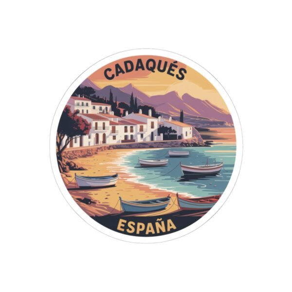 Cadaqués España Sunset Round Vinyl Sticker - Mediterranean Coastal Design, Spanish Seaside Travel Gift, Costa Brava Beach Art