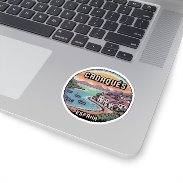 Cadaqués Spain Pixel Art Round Sticker - Retro Coastal Design, Mediterranean Village & Boats, Cute Travel Souvenir for Laptops and Journals