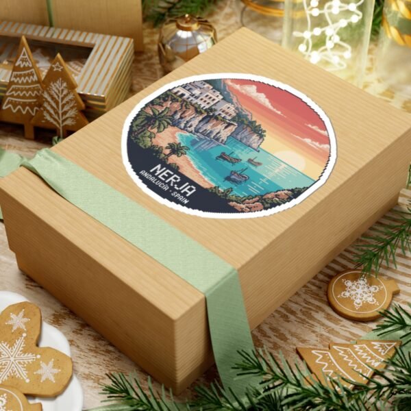 Nerja Spain Sticker - Pixel Art Coastal Design | Retro 8-Bit Sunset Scene of Andalucía | Travel Vinyl Decal for Laptop & Water Bottle