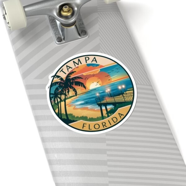 Tampa Florida Sticker - Retro Sunset Beach Pier Design with Palm Trees and Ocean Waves - Vintage Coastal Travel Souvenir Decal