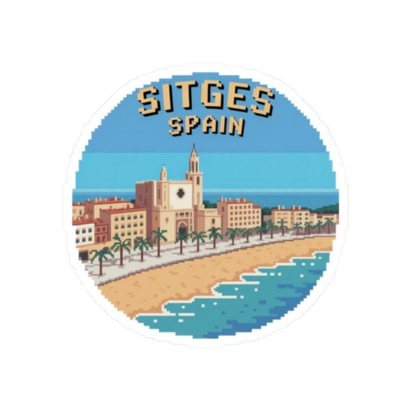 Sitges Spain Sticker - Pixel Art Coastal Travel Design, Retro Mediterranean Beach Souvenir