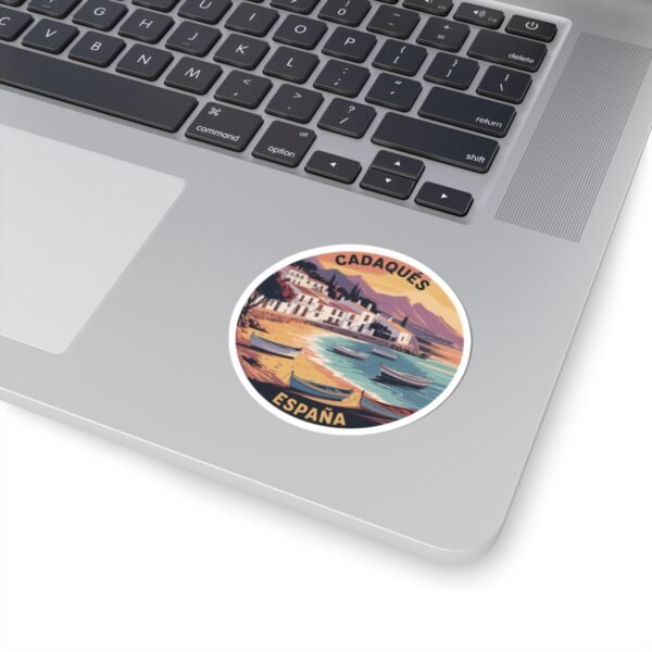 Cadaqués España Sunset Round Vinyl Sticker - Mediterranean Coastal Design, Spanish Seaside Travel Gift, Costa Brava Beach Art