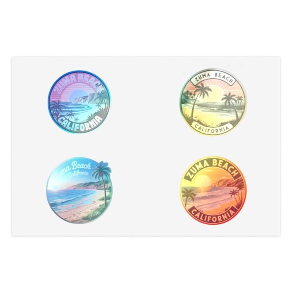 Zuma Beach California Sticker Pack - Set of 4 Retro Coastal Sunset Designs with Palm Trees and Ocean Vibes, Surf Travel Gift Idea