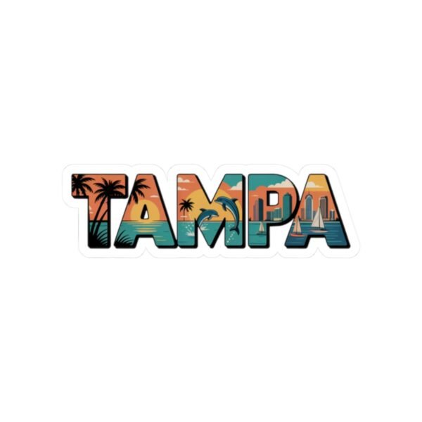 Tampa Florida Sticker - Retro Vintage Lettering Art with Dolphins, Palms, Sailboats & Skyline - Coastal Travel Souvenir