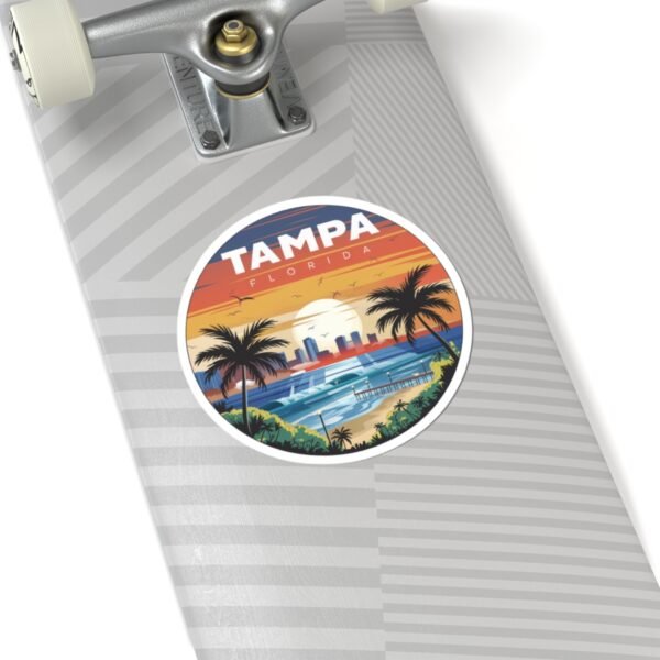 16198357882703948025_1200.jpeg Tampa Florida Sticker - Retro Coastal Sunset with Palm Trees, City Skyline, Ocean Waves & Pier | Vintage Travel Beach Art