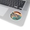 Cadaqués España Sticker - Retro Coastal Travel Art with Boats, Sunset and Mediterranean Village - Vintage Style Spanish Souvenir