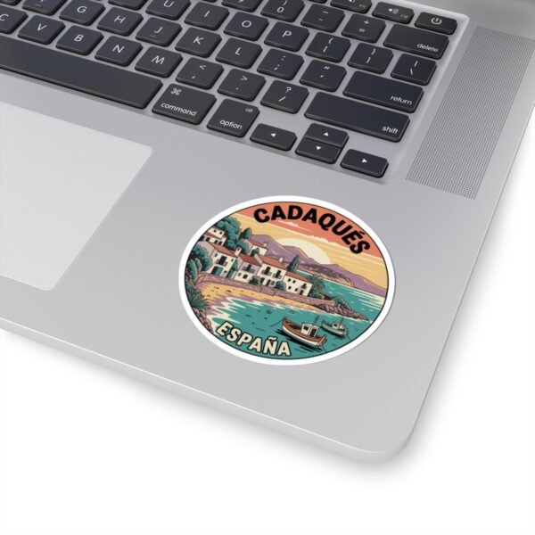 Cadaqués España Sticker - Retro Coastal Travel Art with Boats, Sunset and Mediterranean Village - Vintage Style Spanish Souvenir