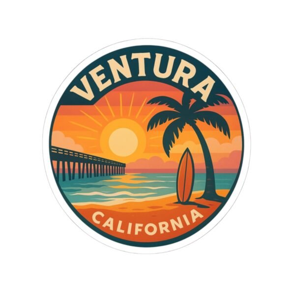 Ventura California Sunset Sticker - Round Beach Decal, Retro Coastal Surf Art, Ocean Travel Gift, Laptop & Water Bottle Vinyl