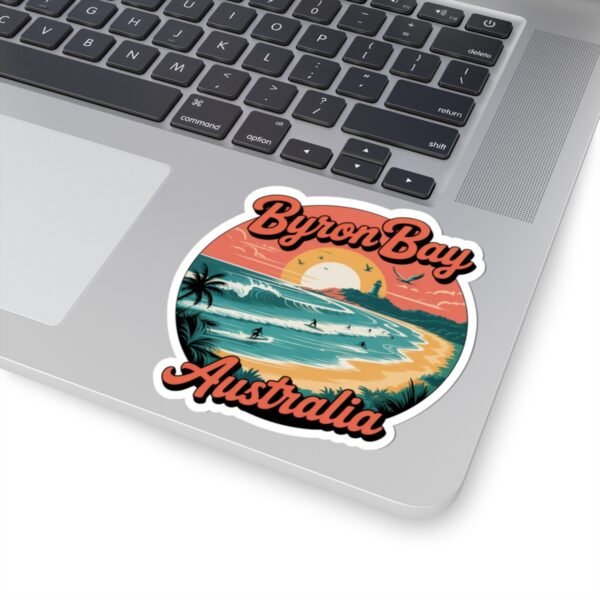 Byron Bay Australia Sticker - Retro Surf Travel Design with Sunset, Lighthouse & Palm Trees - Vintage Coastal Beach Souvenir