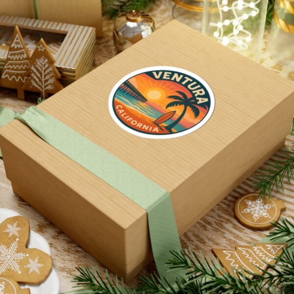 Ventura California Sunset Sticker - Round Beach Decal, Retro Coastal Surf Art, Ocean Travel Gift, Laptop & Water Bottle Vinyl