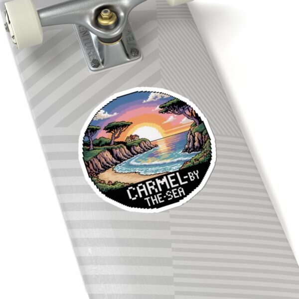 16469892372143812635_1200.jpeg Carmel-by-the-Sea Sticker - Pixel Art Sunset Beach Cliffside Scene with Ocean Waves - Retro California Travel Souvenir Vinyl Decal