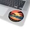 Carmel-by-the-Sea California Sunset Sticker - Vintage Coastal Round Design with Cypress Trees, Ocean Waves & Village Skyline