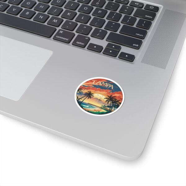 Tampa Florida Sticker - Retro Sunset Beach Scene with Palm Trees, Ocean Waves, and Vibrant Coastal Skyline - Vintage Travel Art