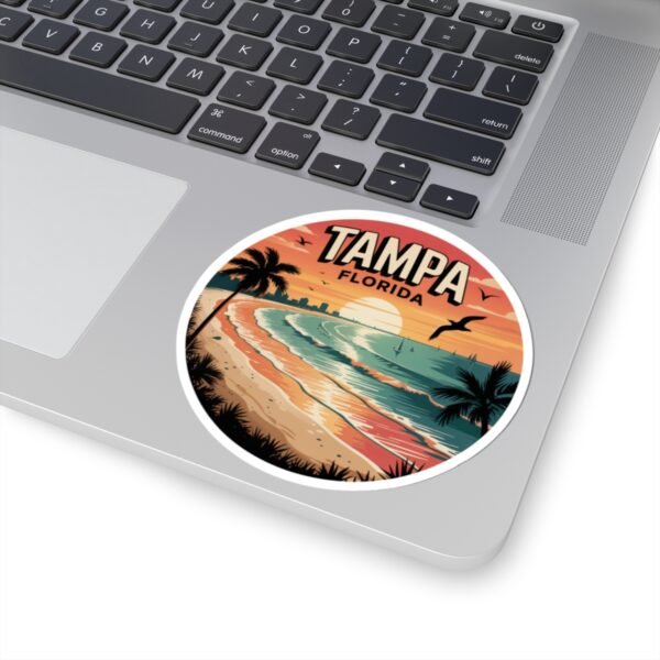 Tampa Florida Sticker - Retro Sunset Beach Waves Design with Palm Trees and Seagulls - Vintage Coastal Travel Souvenir Decal