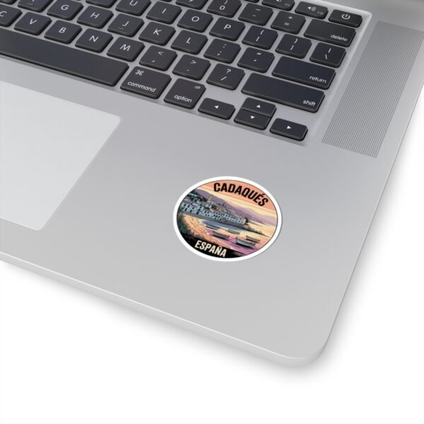 Cadaqués España Round Sticker - Sunset Coastal Vinyl Decal, Travel Souvenir, Mediterranean Village Boats, Retro Art Print
