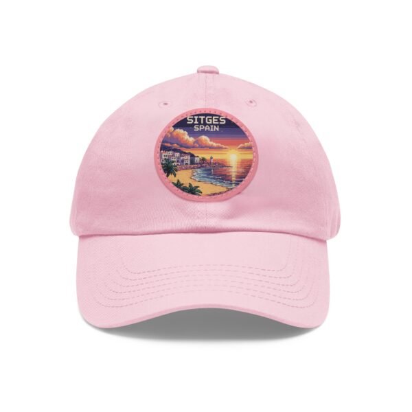 Sitges Spain Hat - Pixel Art Sunset Dad Cap with Leather Patch, Coastal Mediterranean Travel Souvenir