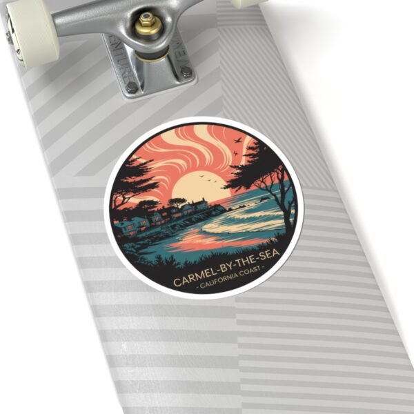 Carmel-by-the-Sea California Sticker - Retro Sunset Ocean View with Cypress Trees & Coastal Cottages - Vintage Travel Art