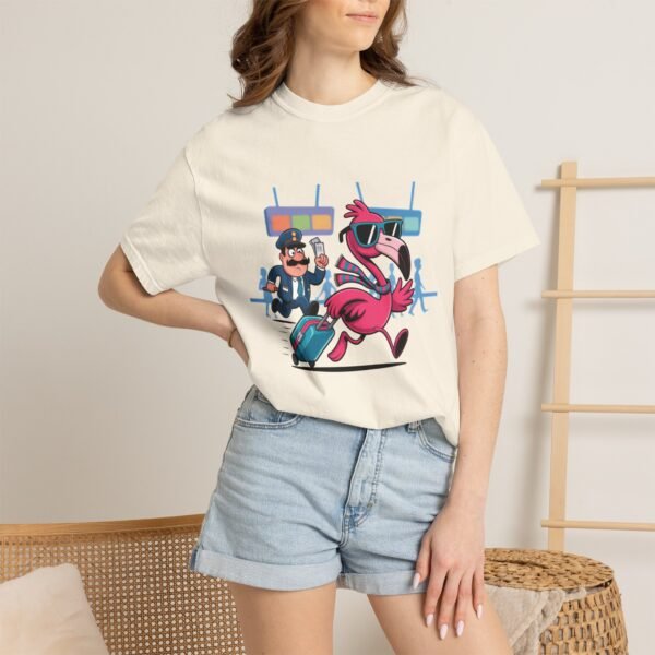 Funny Flamingo T-Shirt - Passport Problems Graphic Tee, Travel Humor Front & Back Print Shirt, Quirky Bird Streetwear Gift