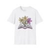 Book and Flowers T-Shirt - Yellow and Purple Lilies Design, Literary Botanical Art Tee, Unisex Gift for Readers and Nature Lovers
