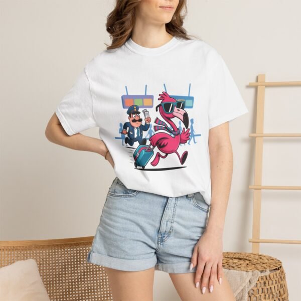 Funny Flamingo T-Shirt - Passport Problems Graphic Tee, Travel Humor Front & Back Print Shirt, Quirky Bird Streetwear Gift