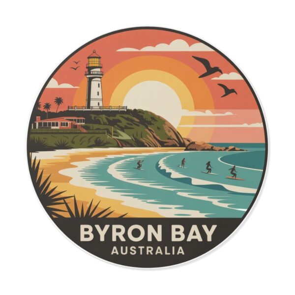 Byron Bay Australia Round Vinyl Sticker - Retro Beach Sunset Design, Coastal Souvenir, Waterproof Surf & Travel Decal