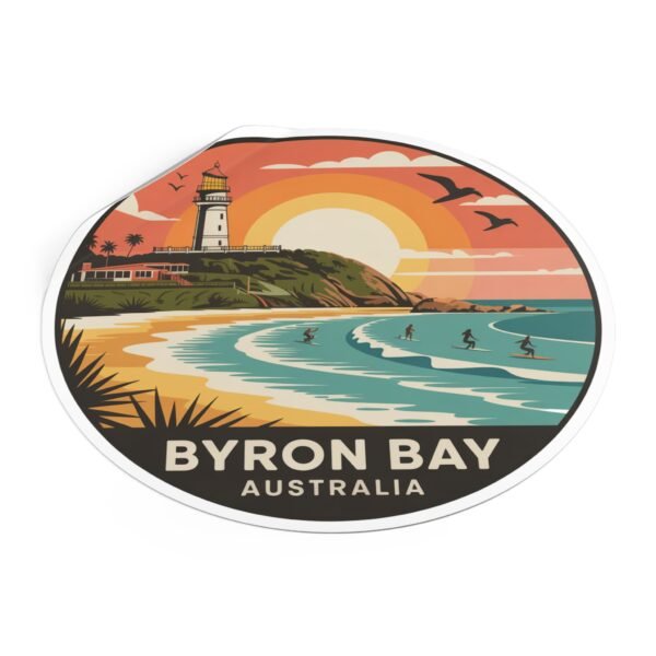 Byron Bay Australia Round Vinyl Sticker - Retro Beach Sunset Design, Coastal Souvenir, Waterproof Surf & Travel Decal