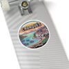 Cadaqués Spain Pixel Art Round Sticker - Retro Coastal Design, Mediterranean Village & Boats, Cute Travel Souvenir for Laptops and Journals
