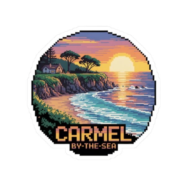 17033649746843466357_1200.jpeg Carmel-by-the-Sea Sticker - Pixel Art Sunset Beach Cliff and Ocean Waves Design - Retro 8-Bit California Coastal Travel Souvenir Decal