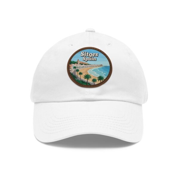 Sitges Spain Hat - Vintage Leather Patch Dad Cap with Coastal Beachfront Design, Adjustable Strapback, Travel Souvenir Gift